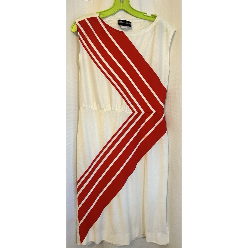 VTG 80s Red &White Diagonal Striped Dress A Line Size 8 Sleeveless Summer
